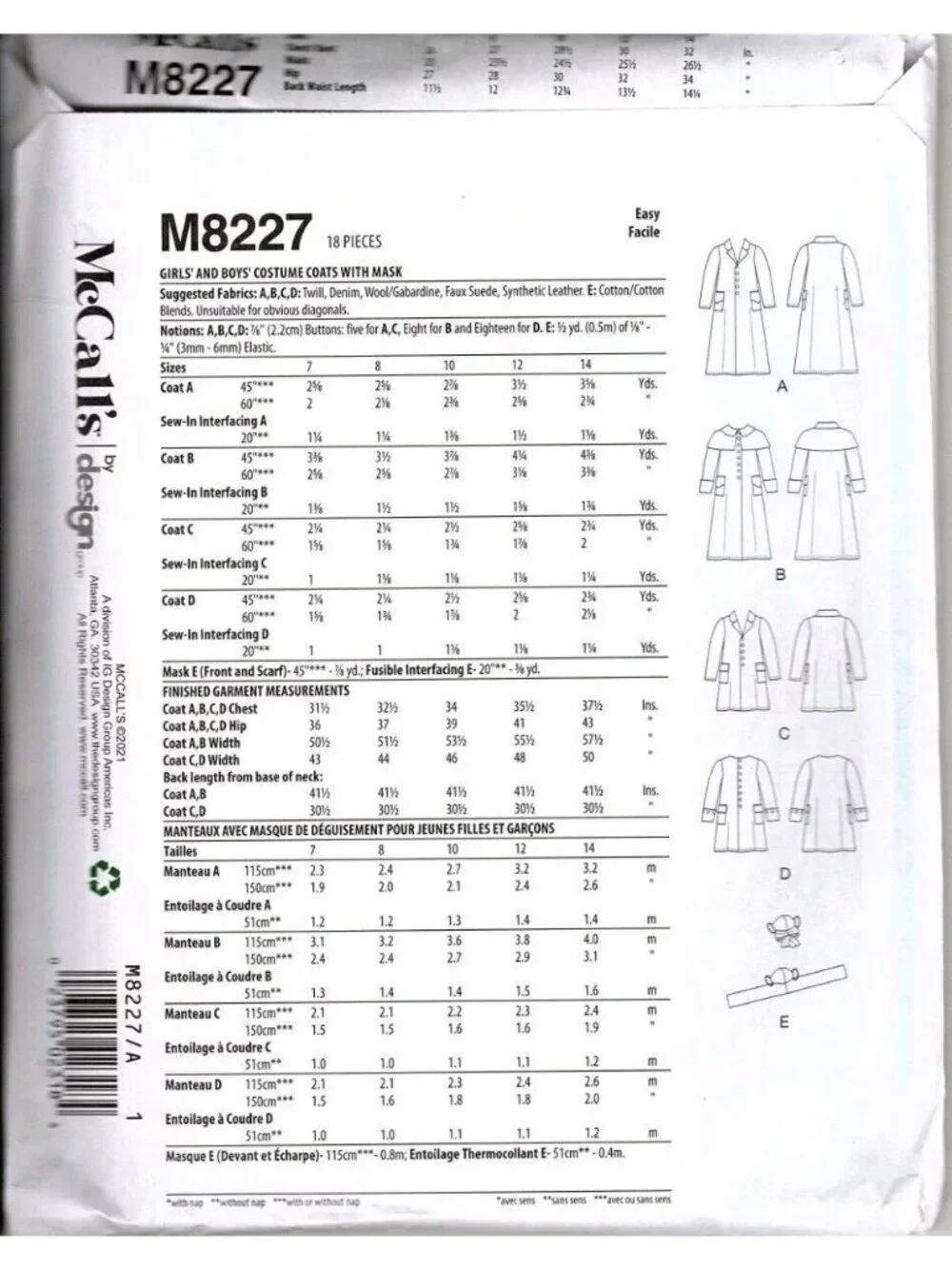 McCalls M8227 Childrens 7 to 14 Historical Western Costume Uncut Sewing Pattern